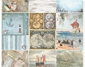 ITD Collection A4 Sea Stories Collage Rice Paper - Maritime Rice Paper - Nautical Background Paper - Sailing Rice Paper - 31-463