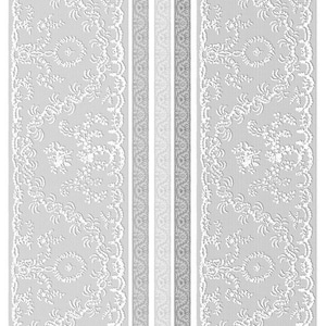 May include: White lace paper strips with floral patterns and decorative borders. The paper is translucent and suitable for scrapbooking or craft projects. The image also includes narrow strips with geometric designs.
