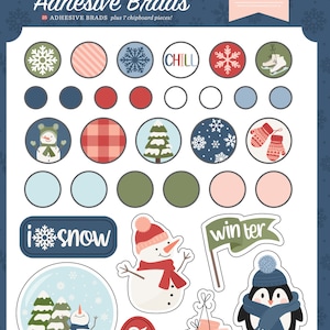 May include: A set of 25 winter-themed adhesive brads with a variety of designs, including snowflakes, mittens, a snowman, a penguin, a snow globe, and a tree. The brads are in various colors, including red, blue, green, and white. The brads are packaged in a clear plastic bag with a header card that says "Chilling with my snowmies" and "Adhesive Brads".
