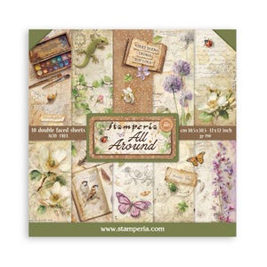 May include: A pack of 10 double-faced acid-free sheets measuring 12x12 inches, titled Stamperia All Around. The paper features vintage-style botanical illustrations, including flowers, butterflies, birds, a lizard, and a watercolor set, with text reading Start Doing Things You Love.