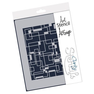 May include: A stencil with a geometric pattern of squares and rectangles. The stencil is made of clear plastic and is labeled "Art Stencil A5 Size" and "Clarity Stencils".