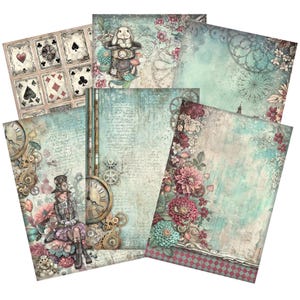 May include: Six patterned paper sheets with a vintage aesthetic. The papers feature a variety of designs, including playing cards, a clock with gears, a rabbit in a top hat, and floral patterns. The papers are perfect for scrapbooking, card making, and other paper crafts.