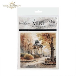 May include: A package of 6 sheets of mini rice paper for crafting. The paper features a watercolor illustration of a gazebo in a park with trees and a path. The package has the text "Itd. Collection" and "Our passion is paper".