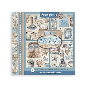 May include: A sheet of stickers with a nautical theme, featuring images of seashells, a lighthouse, a horse, and a boat. The text "Stickers Silent Sea" is displayed prominently. The sheets measure 6.5 x 6.5 inches.