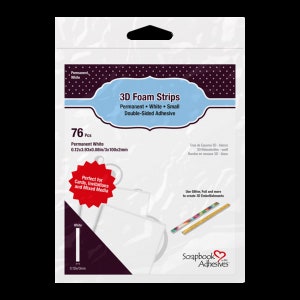 May include: A package of 76 white, permanent, double-sided adhesive foam strips. The strips are 0.12 inches by 3.93 inches and are perfect for adding dimension to cards, invitations, and mixed media projects. The package also includes instructions on how to use the foam strips.