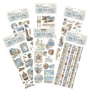 May include: A set of six sheets of rub-on transfers with a nautical theme. The sheets feature images of seashells, lighthouses, boats, stars, and nautical rope. The sheets also include text such as "Soul of the Ocean", "Let the sea set you free", "Drift into peace", "Find yourself", "Where the sea meets the sky", and "Freedom".