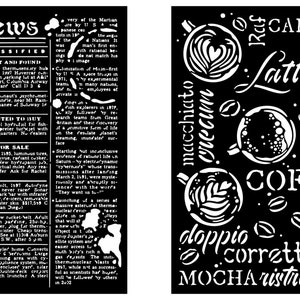 May include: Black and white image of a coffee menu with different types of coffee drinks, including cappuccino, latte, espresso, macchiato, lungo, doppio, corretto, mocha, and ristretto. The image also includes coffee beans and stylized coffee cups.
