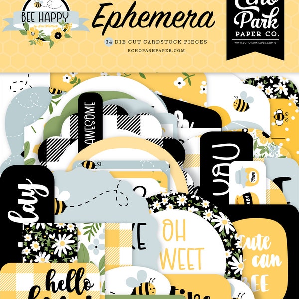 Echo Park Bee Happy Ephemera - Echo Park - Ephemera Cards - Die Cut Cardstock Pieces - Bee Happy Collection - Bumble Bee Ephemera - 36-203