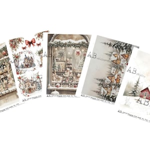 May include: A collection of Christmas-themed paper ephemera featuring illustrations of rocking horses, toy shops, winter scenes, and decorative elements. The papers have a vintage aesthetic with soft colors and detailed artwork.