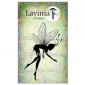 May include: Black silhouette of a fairy with large wings and a mushroom in the background. The image is on a green and blue watercolor background with the text "Lavinia Stamps" repeated three times.