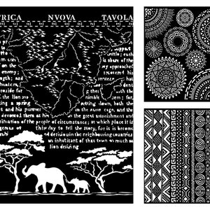 May include: Black and white illustration of an elephant and a baby elephant walking through a forest. The illustration is surrounded by text and geometric patterns. The text includes the words "Africa", "Nvova", and "Tavola".