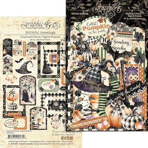 May include: A set of Graphic 45 BOOtiful Greetings chipboard pieces, tags, and frames featuring Halloween imagery including pumpkins, witch hats, bats, brooms, and striped stockings. The collection includes various decorative die-cut shapes.