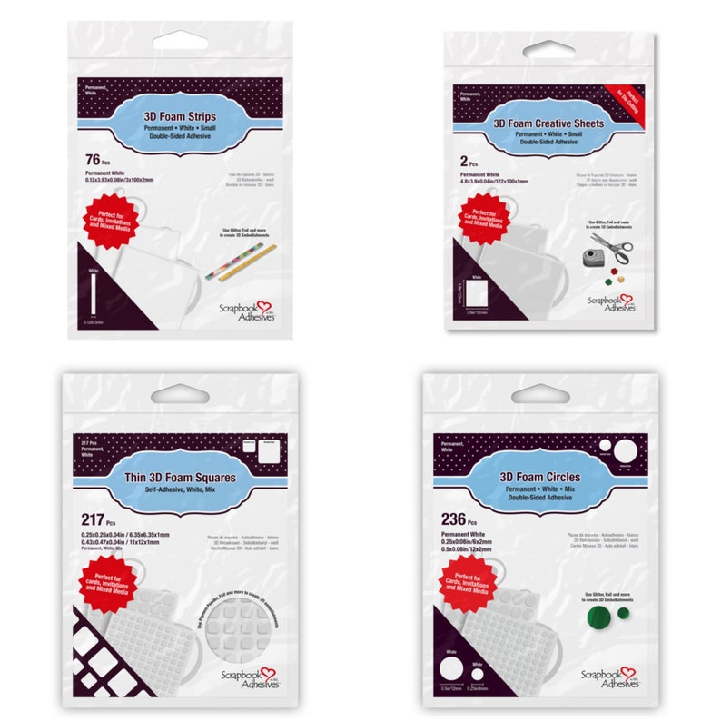 May include: Four packages of white foam adhesive sheets, strips, squares, and circles. The packages are labeled with the brand name "Scrapbook Adhesives" and the product name and quantity. The packages are all white with black text and images.