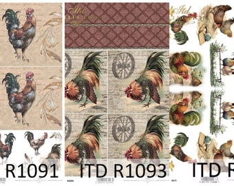 May include: A digital paper pack with three sheets featuring rooster illustrations. The first sheet has a vintage style with a rooster in the center and a floral design. The second sheet has a rustic style with a rooster in the center and a wheel design. The third sheet has a white background with multiple rooster illustrations.
