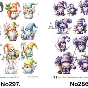 ABStudio Carte Italiano A4 Decoupage Rice Papers - Decoupage Papers - Rice Papers - A4 Papers - Gnome Rice Papers - Spring Gnomes - Lavender