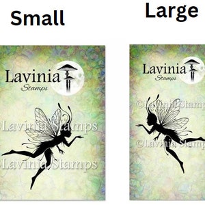 May include: Two rectangular Lavinia Stamps art prints, labeled "Small" and "Large." Each print features a black silhouette of a fairy with outstretched arms and detailed wings against a soft, colorful background. The prints include the Lavinia Stamps logo and a mushroom design.