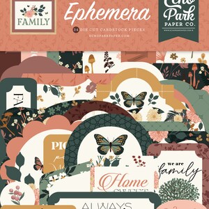 May include: A set of 34 die-cut cardstock pieces featuring a floral and butterfly theme. The pieces include various shapes, sizes, and designs, including a sign that says "Home Sweet Home", a sign that says "We are Family", and a sign that says "Always Moments Like Family".