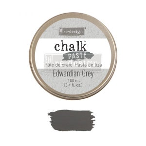 May include: A round tin of re-design chalk paste in the color Edwardian Grey. The tin is 3.4 fluid ounces or 100 milliliters. The label is white with black text and a small logo.