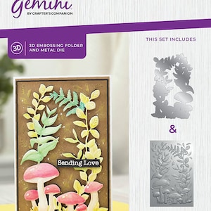 May include: A 3D embossing folder and metal die set for crafting. The set features a woodland theme with mushrooms, leaves, and the text "Sending Love". The folder size is 4 inches by 6 inches, and the die size is 3.8 inches by 5.8 inches.
