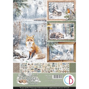 May include: A paper pad with a winter forest theme. The main image features a fox in a snowy landscape, with framed scenes of a cabin, bear, and rabbit. Additional elements include ephemera and the text "Forest Tales".
