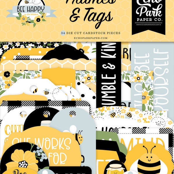 Echo Park Bee Happy Frames and Tags - Echo Park - Frames and Tags - Die Cut Tag - Bee Happy Collection - Bumble Bee Frames and Tags - 36-204