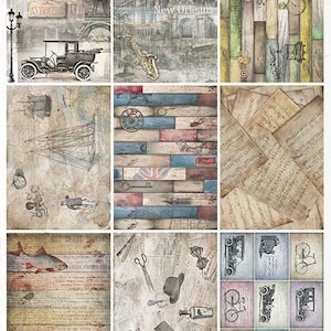 May include: A collage of nine images featuring vintage-inspired designs. The images include a car, a ship, a musical instrument, a clock, a fish, and a variety of other objects. The images are all in a muted color palette and have a distressed look.