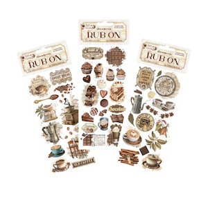 May include: Three sheets of rub-on transfers featuring coffee and chocolate-themed designs. The sheets include images of coffee cups, beans, cakes, and chocolate bars. The text "RUB ON" and "Chocolate" are visible on the packaging.