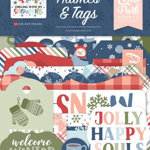 May include: A set of 33 winter-themed die-cut pieces for scrapbooking and card making. The pieces include frames, tags, and embellishments with a red, blue, and green color scheme. The text "Chilling with my snowmies" is featured on one of the pieces.