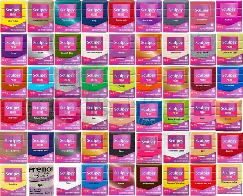 Op de afbeelding: Een verzameling van 48 verschillende kleuren Sculpey-polymer klei, inclusief metallic, glitter en parelmoer afwerkingen. Elke klei blok is 1 ounce (28,35 gram).