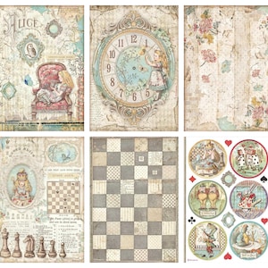 May include: A vintage-style digital paper pack featuring Alice in Wonderland themed illustrations. The pack includes images of a clock, a chessboard, a playing card, and various characters from the story. The paper pack is perfect for scrapbooking, card making, and other paper crafts.