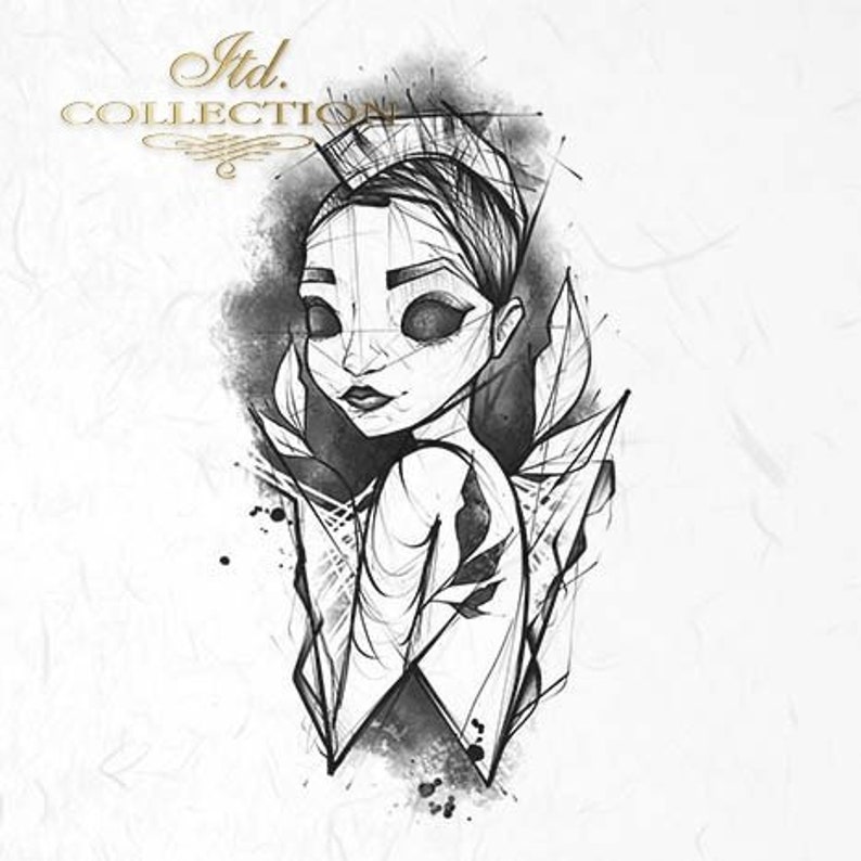 May include: A black and white line drawing of a woman's face with geometric shapes and leaves around her. The drawing is in a stylized, abstract style.