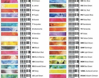 May include: A color chart with 30 different watercolor paint swatches. Each swatch is labeled with a color name and a 3-digit code. The colors range from bright reds and oranges to deep blues and greens.