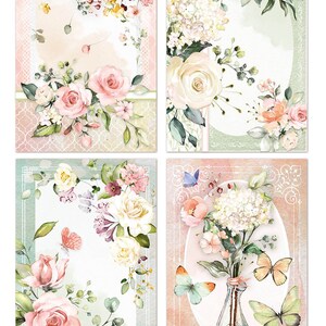 以下が含まれることがあります： ピンクと白のバラ、蝶、緑の葉を特徴とする4つの花のデザイン。デザインは白い背景にグリッドパターンで配置されています。画像の下部に「CBRP319」と「BLOOMING CARDS」のテキストが表示されています。