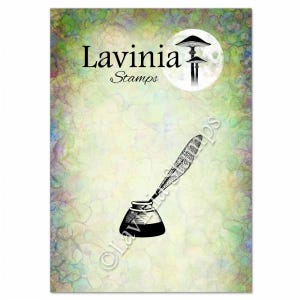 May include: A black and white illustration of a quill pen and inkwell, with a moon and mushroom design in the background. The text "Lavinia Stamps" is at the top of the image.