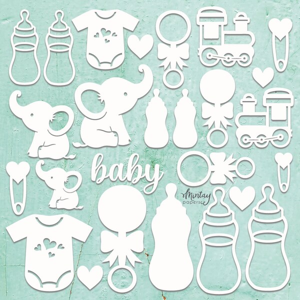 Mintay Baby Set Chipboard - Chipboard Sheet - Mintay Chippies - Mintay Papers - Elephant Chippies - Baby Chipboard Pieces - 27-169