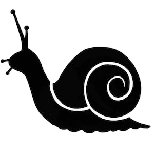 May include: A black silhouette of a snail on a white background. The snail's body is a solid black, with a detailed spiral shell. The snail has two long antennae with small round tips and two shorter antennae.