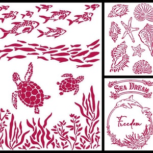 May include: A digital download of a stencil design featuring a sea turtle, seaweed, fish, and the text "Sea Dream Freedom". The design is in a pink color.
