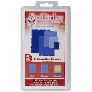 May include: A package of Spellbinders Nestabilities die-cutting templates. The package shows five dies in blue shades, with a deckled edge design. The package also shows three sample results: cut, embossed, and stenciled. The text on the package reads "Spellbinders Nestabilities Large Deckled Rectangles 54-202 5 Dies Included 3 Beautiful Results... with Every Die!!! Cut! Emboss! Stencil! Use in Most Leading Die-Cut Systems Instructions Included Inside"