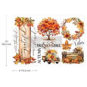 May include: Four digital printable images with fall themes. The first image features a wooden sign with the text "Forever thankful, always grateful". The second image features a tree with orange and red leaves and the text "Autumn Fall Sweet Fall". The third image features a wreath with sunflowers and the text "Hello Autumn". The fourth image features a farmhouse with a truck and the text "Vibes".