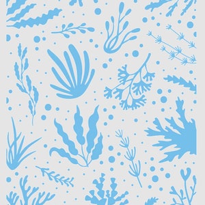 May include: A seamless pattern featuring various blue seaweed and kelp silhouettes on a light gray background. The pattern includes different shapes and sizes of seaweed, creating a whimsical and organic design.