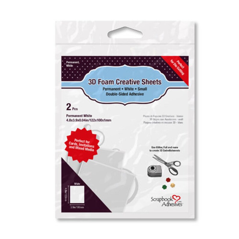 May include: Package of two white 3D foam sheets, 4.8 by 3.9 by 0.04 inches, for crafting. The package has a red heart logo with the text "Scrapbook Adhesives".