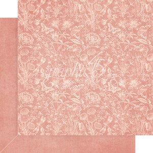 May include: A digital paper with a pink background and a white floral pattern. The pattern includes butterflies, dragonflies, and flowers.