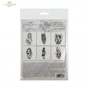 May include: A sheet of 6 black and white illustrations of whimsical characters on a white background. The illustrations are for mixed media, decoupage, and scrapbooking. The sheet measures 14.8 inches by 14.8 inches.