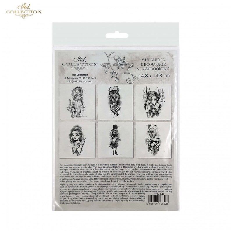 May include: A sheet of 6 black and white illustrations of whimsical characters on a white background. The illustrations are for mixed media, decoupage, and scrapbooking. The sheet measures 14.8 inches by 14.8 inches.