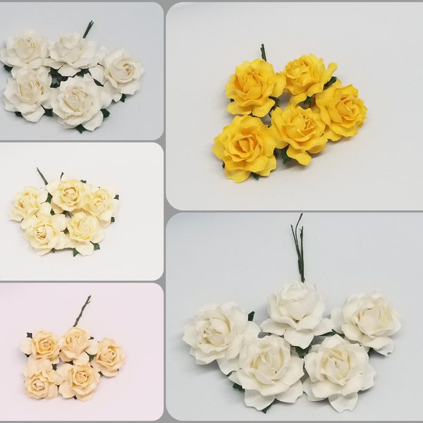 Promlee Flowers 30mm White/Cream Cottage Roses 5pk - Paper Flowers - Embellishments - Mulberry Paper Flower - Promlee Flowers - Cottage Rose