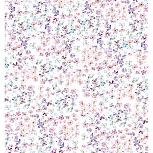 以下が含まれることがあります： 白い背景に、小さく繊細なピンク、青、紫の花がランダムに散りばめられた繰り返しパターンが描かれています。