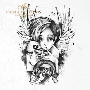 May include: A black and white drawing of an angel with wings, holding a skull in her hand. The angel has a finger to her lips, as if to say "shhh".