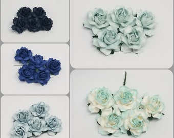 Promlee Flowers 25mm Blue Tone Cottage Roses 5pk - Paper Flowers - Embellishments - Mulberry Paper Flower - Promlee - Cottage Roses