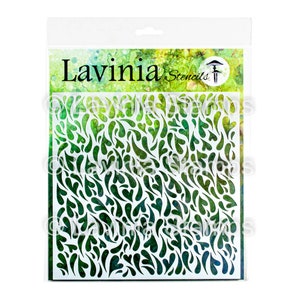 May include: White plastic stencil with a repeating pattern of abstract shapes resembling hearts and teardrops. The stencil is packaged in a clear plastic sleeve with the Lavinia Stencils logo and a mushroom design.
