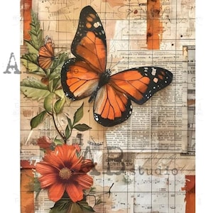 May include: Decoupage rice paper featuring a vintage style design with a butterfly, flower, and musical notes. The paper has a grid pattern and is printed on a beige background.
